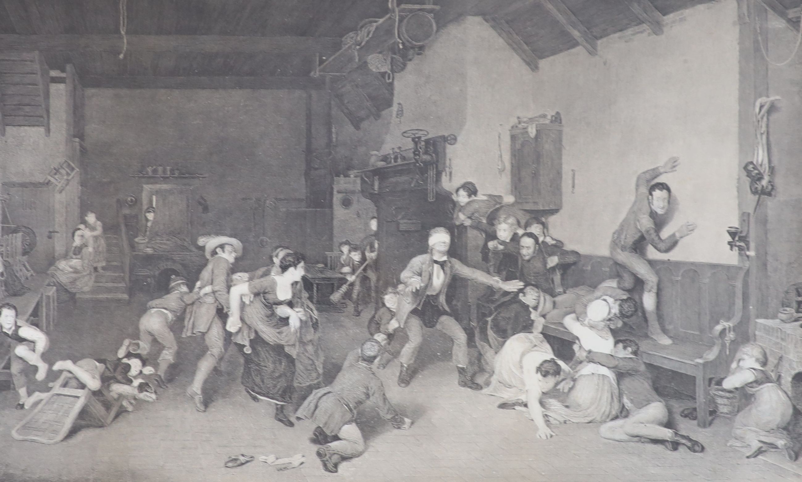 After Raimbach, engraving, 'Blind Man's Buff', 37 x 60cm, maple framed, and a later framed lithograph 'In Arcadia'', 52 x 74cm